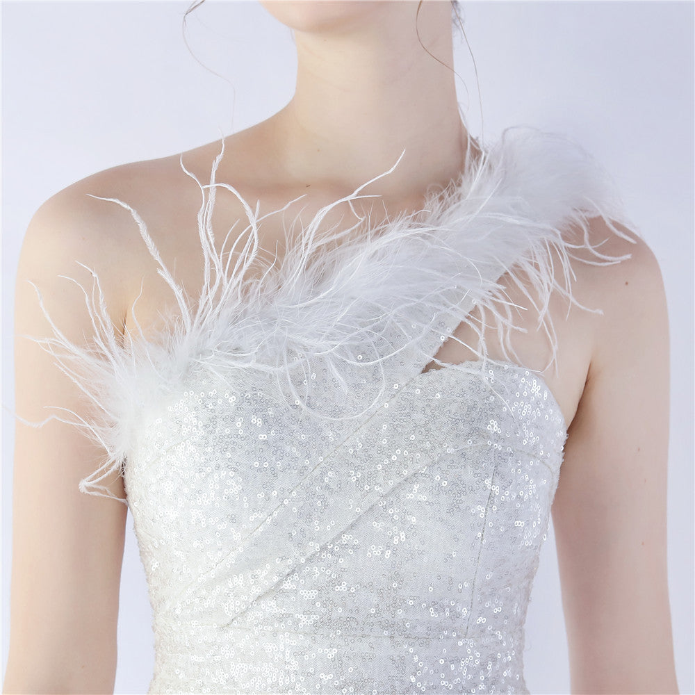 Ostrich Fur One-Shoulder Slant Neck Beaded Maxi Formal Dress