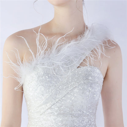 Ostrich Fur One-Shoulder Slant Neck Beaded Maxi Formal Dress