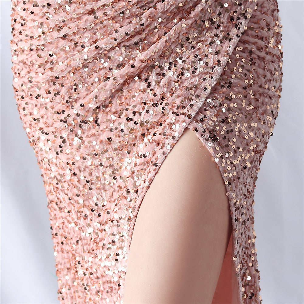 Ostrich Velvet Bottom One Shoulder Formal Dress