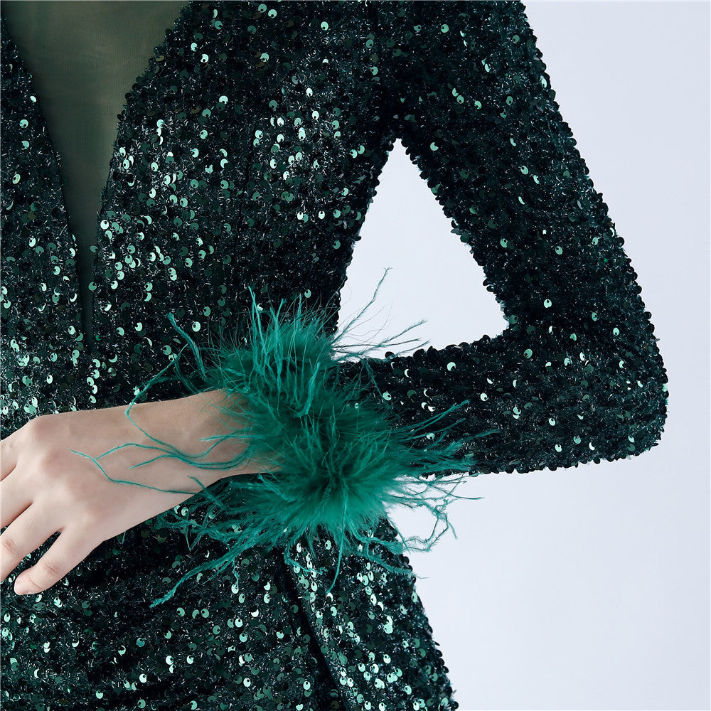 Ostrich Fur Long Sleeve Formal Dress