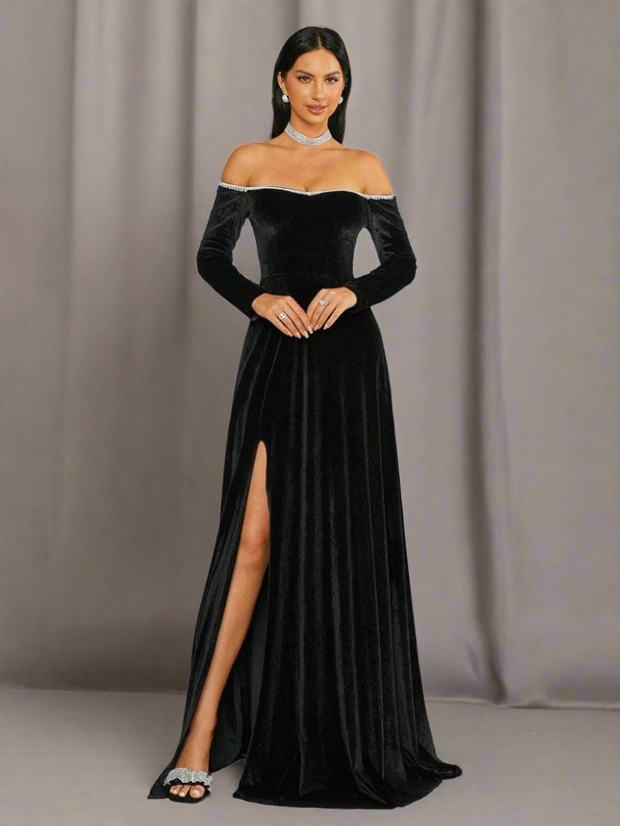 Off Shoulder Split Black Velvet Evening Dress