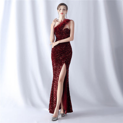 Ostrich Velvet Bottom One Shoulder Formal Dress