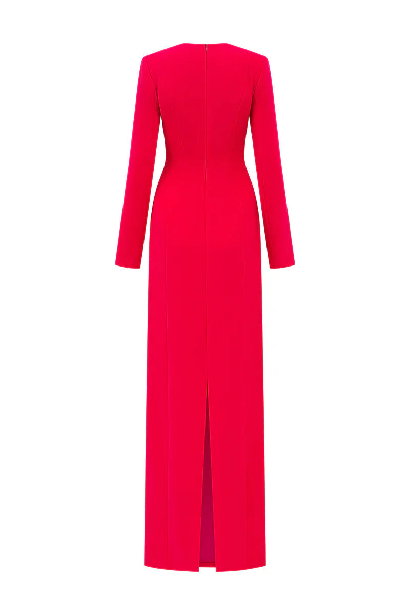 hilary red padded shoulder crystal embellished straight maxi dress