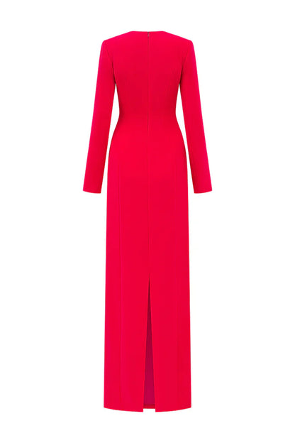 hilary red padded shoulder crystal embellished straight maxi dress