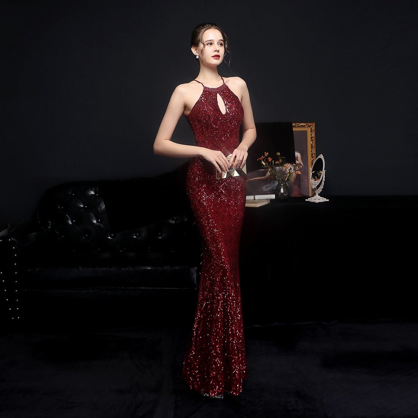 Long Neck Stapled Formal Dresses