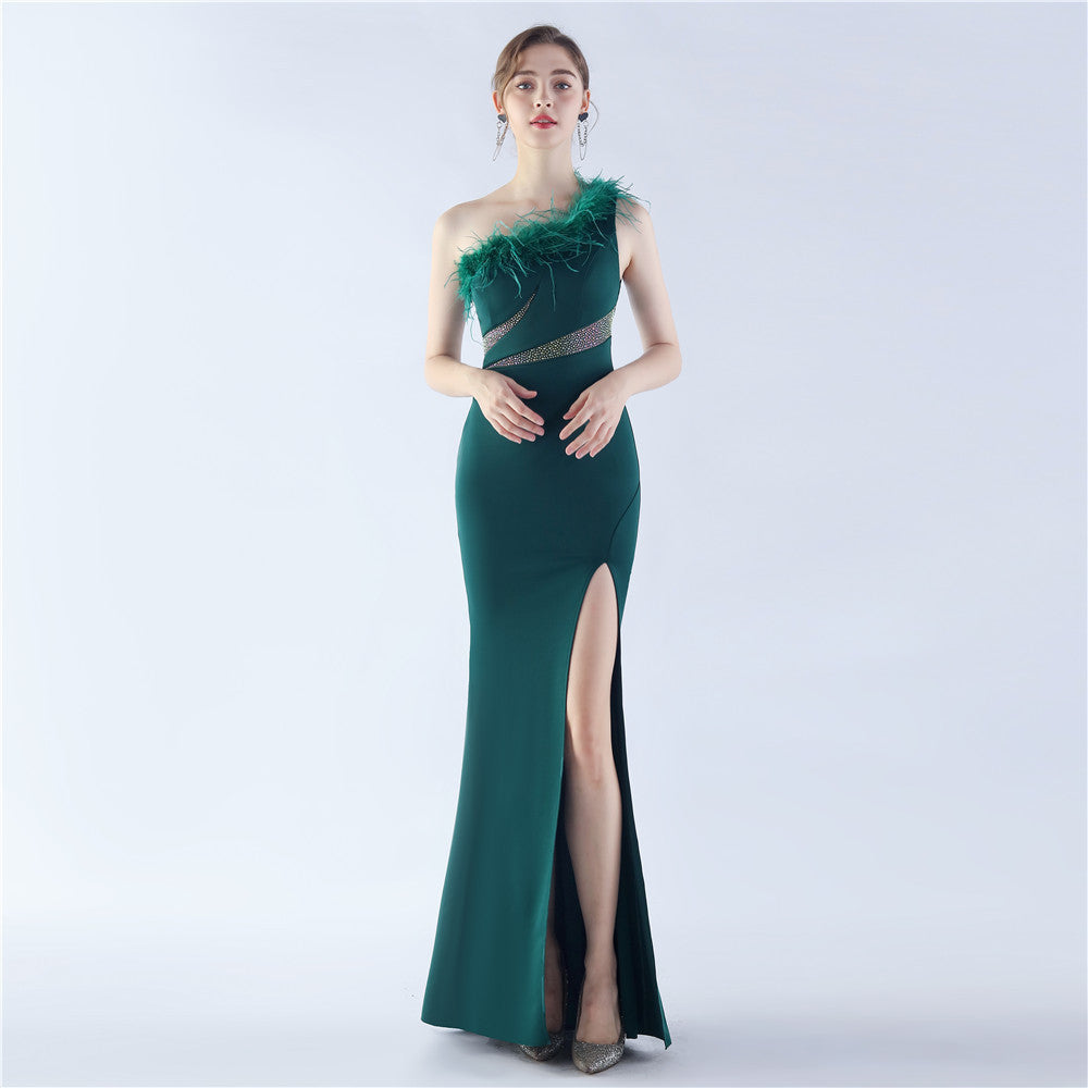 Fur Rhinestone Formal Dress