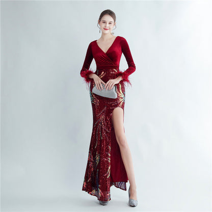 Ostrich Beaded Velvet Side Split Formal Dress