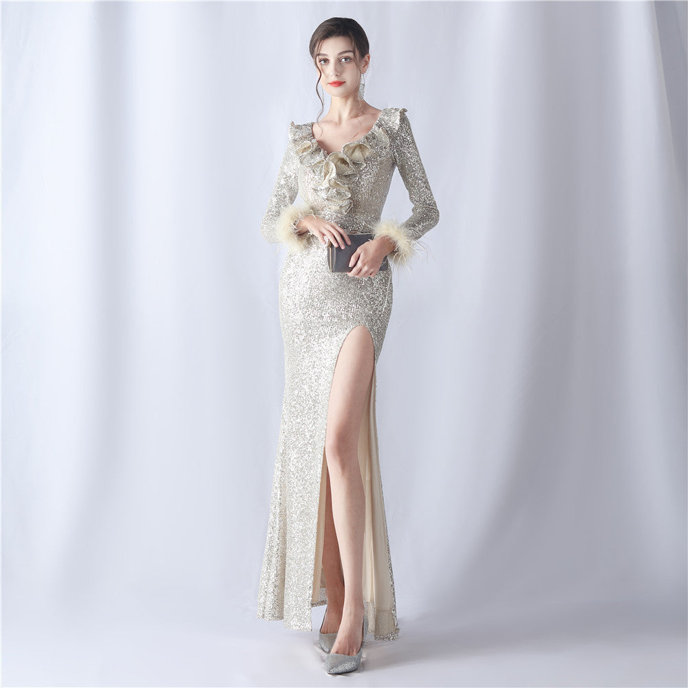 Ostrich Wave Beaded Formal Dress