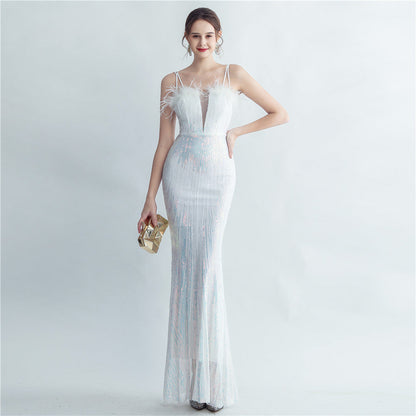 Ostrich Fur Halter Formal Dress