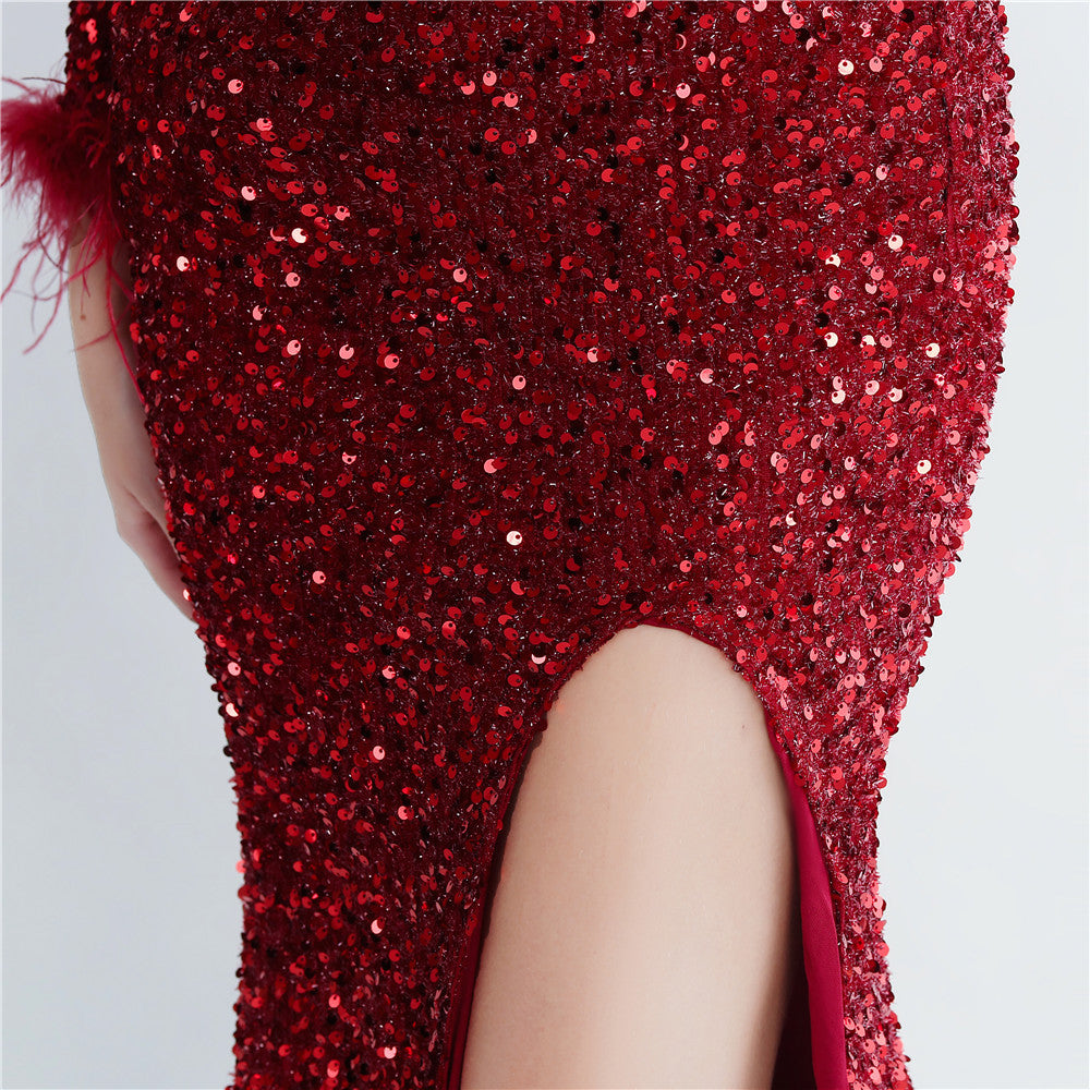 Split Long Sleeve Sequin Formal Dress