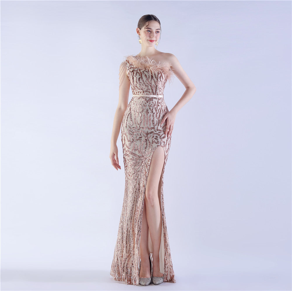 Fur Slant Neck One Shoulder Formal Dress