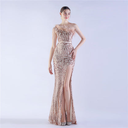Fur Slant Neck One Shoulder Formal Dress