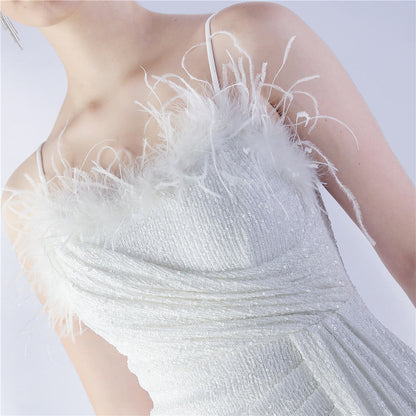 Ostrich Beaded Side Split Formal Dress