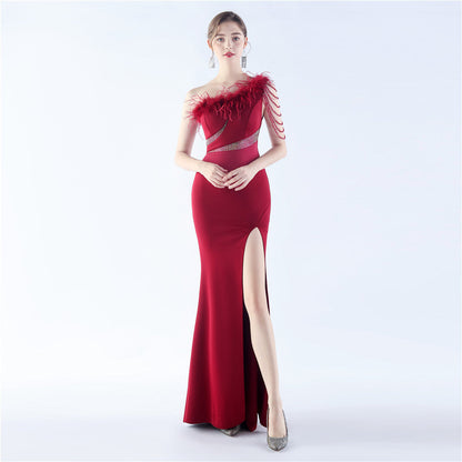 Fur Slant Neck One Shoulder Formal Dress