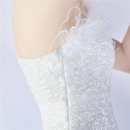 Ostrich Fur One-Shoulder Slant Neck Beaded Maxi Formal Dress