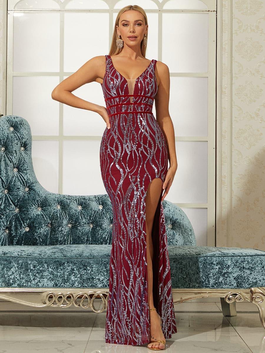 V-neck Split Sequin Maxi Prom Dress