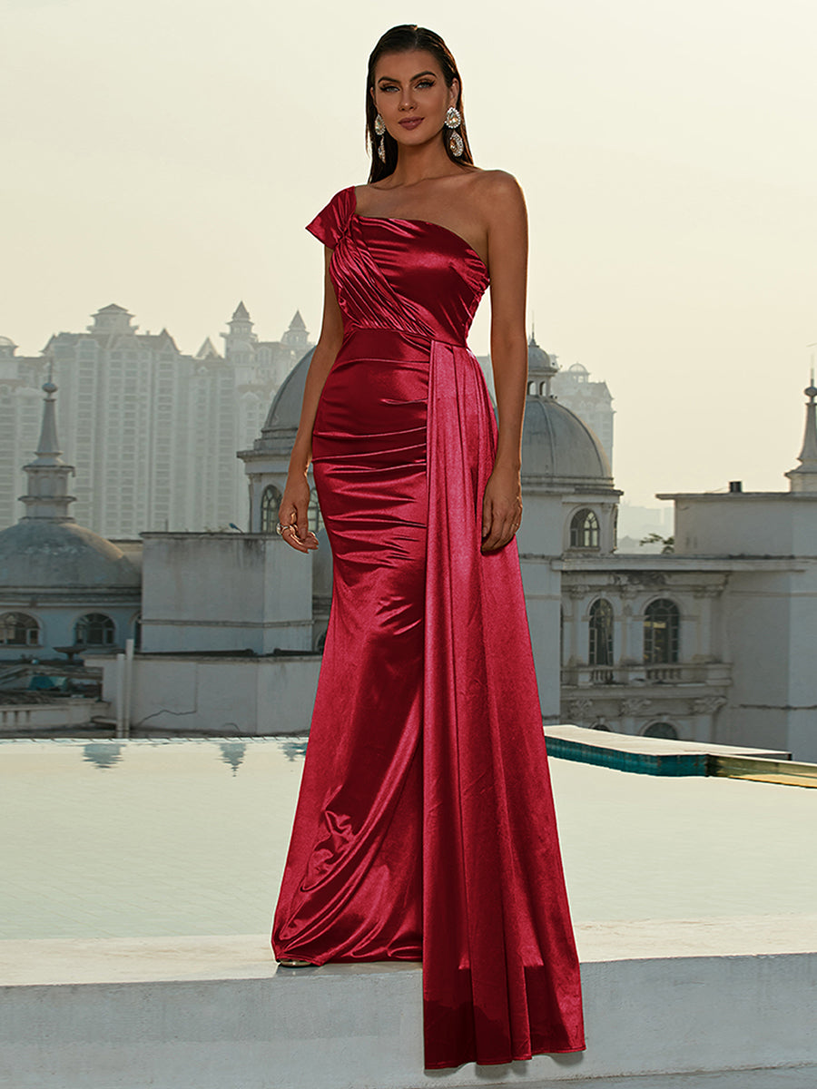 Ruched One Shoulder Draped Satin Dress