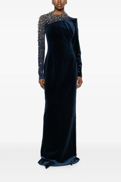 riva crystal patchwork Velvet Column maxi Dress in dark blue