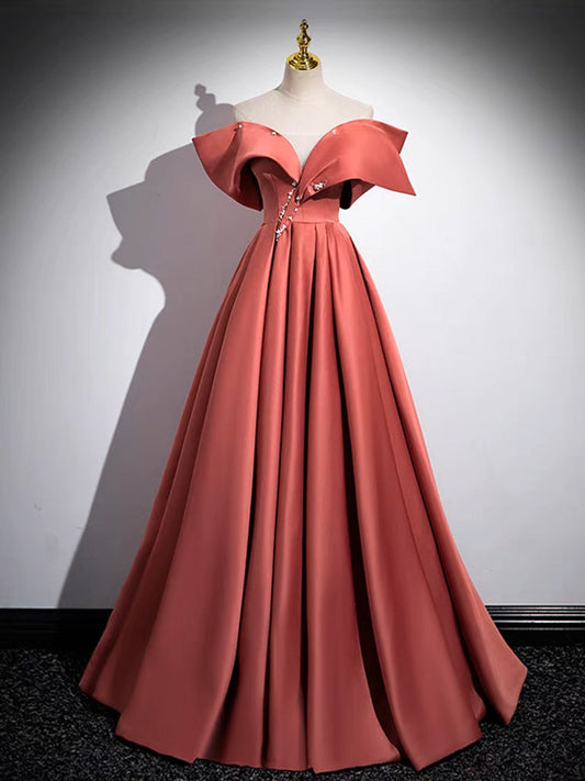 A-Line Watermelon Red Off Shoulder Satin Dress