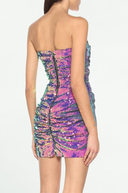 SEQUIN OFF SHOULDER MINI DRESS IN PURPLE