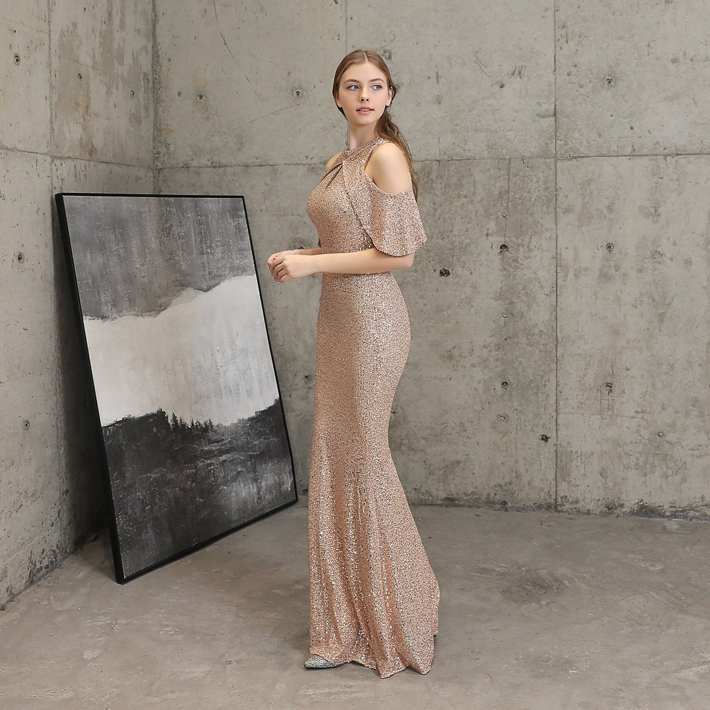 Short Sleeve Sequin Formal Dress