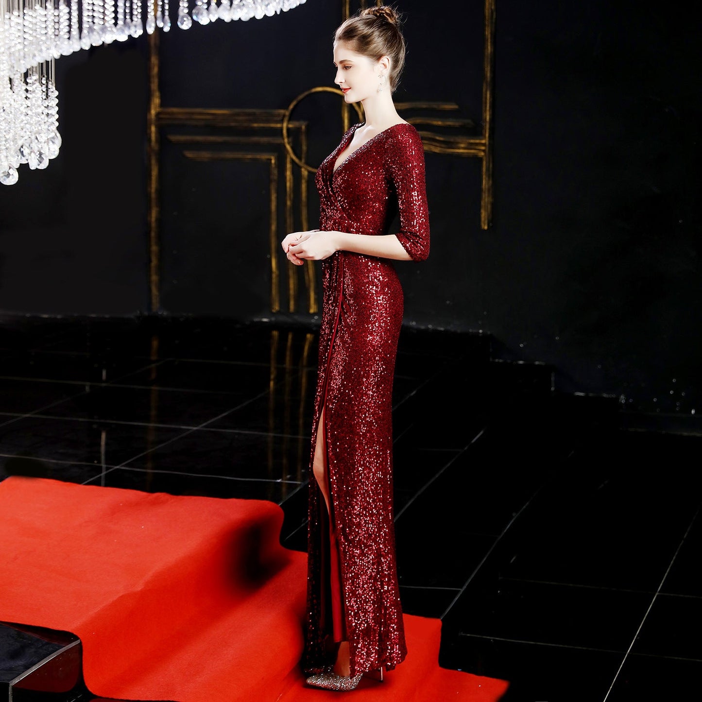 Long Sleeve Sequin Fishtail Formal Dress