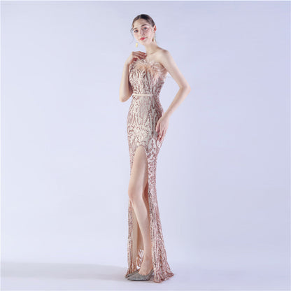 Fur Slant Neck One Shoulder Formal Dress