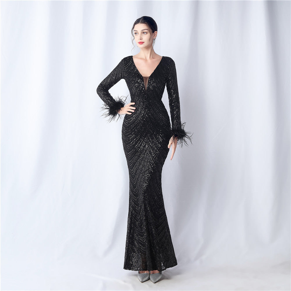 Ostrich Fur Long Sleeve Formal Dress
