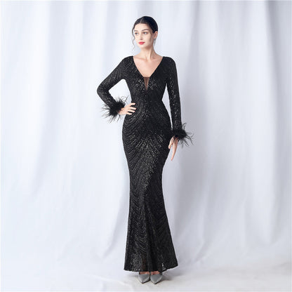 Ostrich Fur Long Sleeve Formal Dress