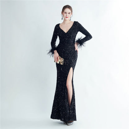 Split Long Sleeve Sequin Formal Dress