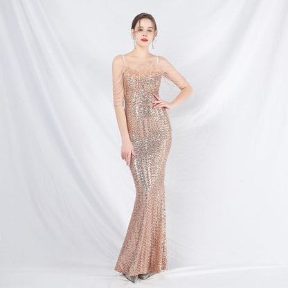 Ostrich Fur Illusion Beaded Formal Dress