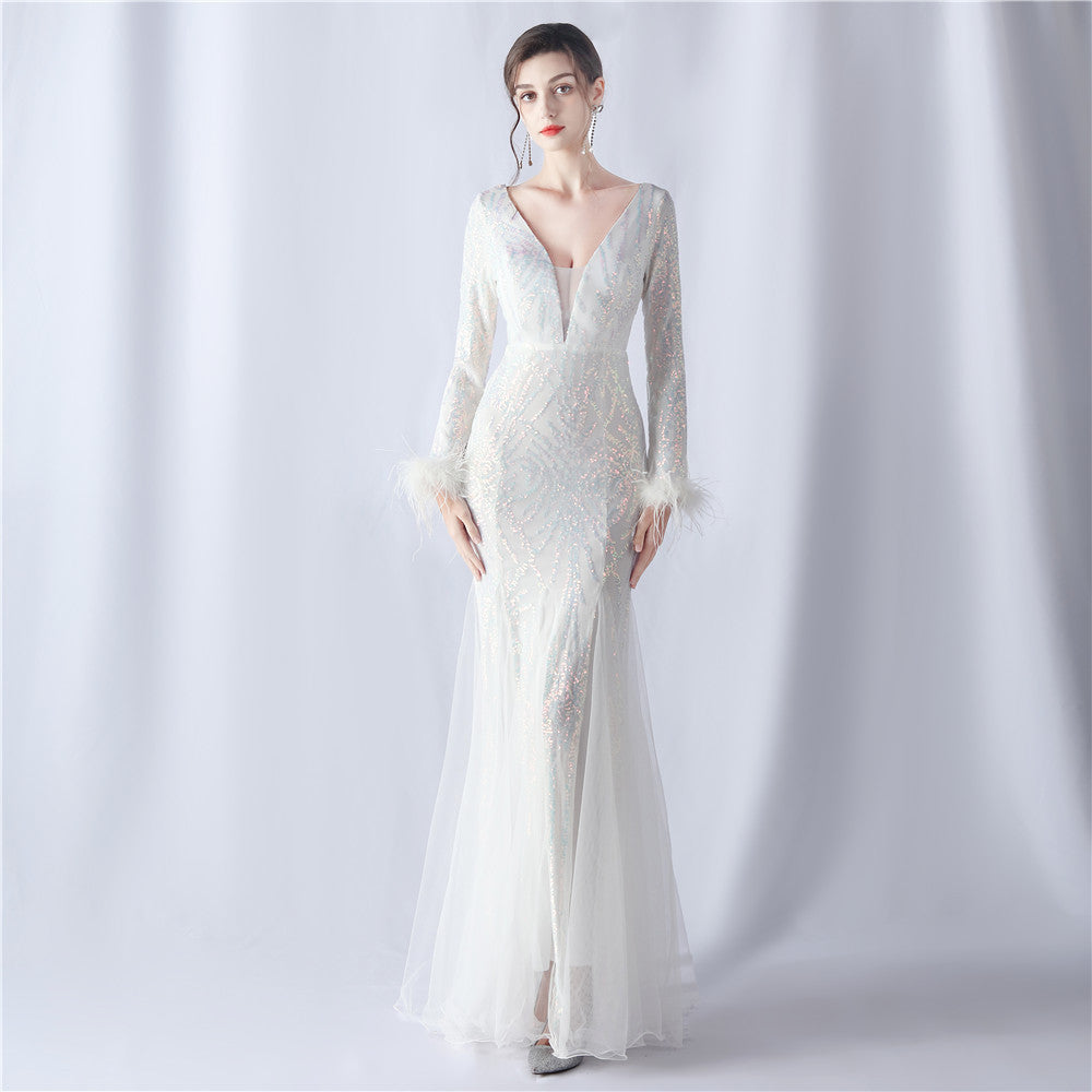 Ostrich Fur Mesh Beaded Formal Dresses