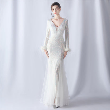 Ostrich Fur Mesh Beaded Formal Dresses