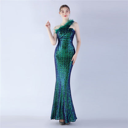 Ostrich Fur One-Shoulder Slant Neck Beaded Maxi Formal Dress