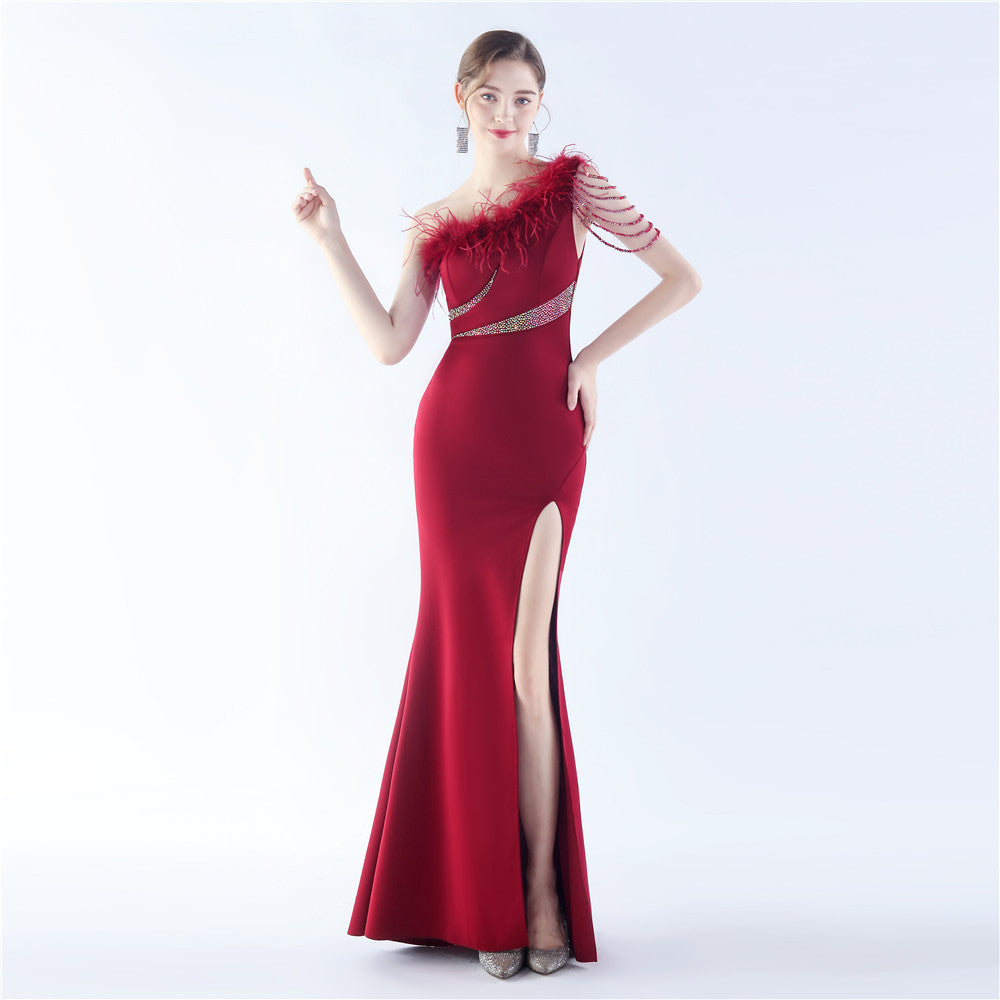 Fur Slant Neck One Shoulder Formal Dress
