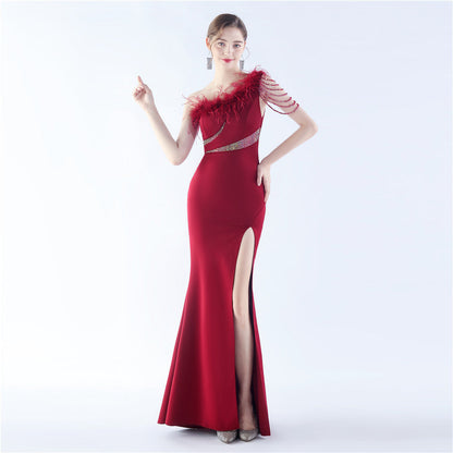 Fur Slant Neck One Shoulder Formal Dress