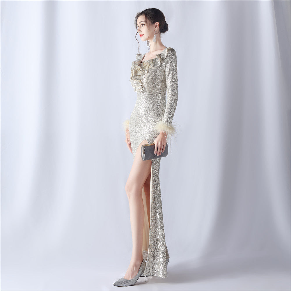 Ostrich Wave Beaded Formal Dress