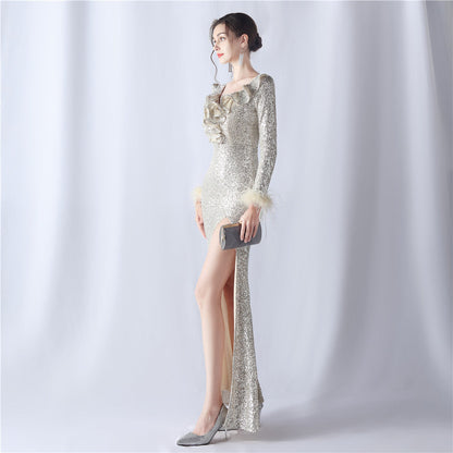 Ostrich Wave Beaded Formal Dress