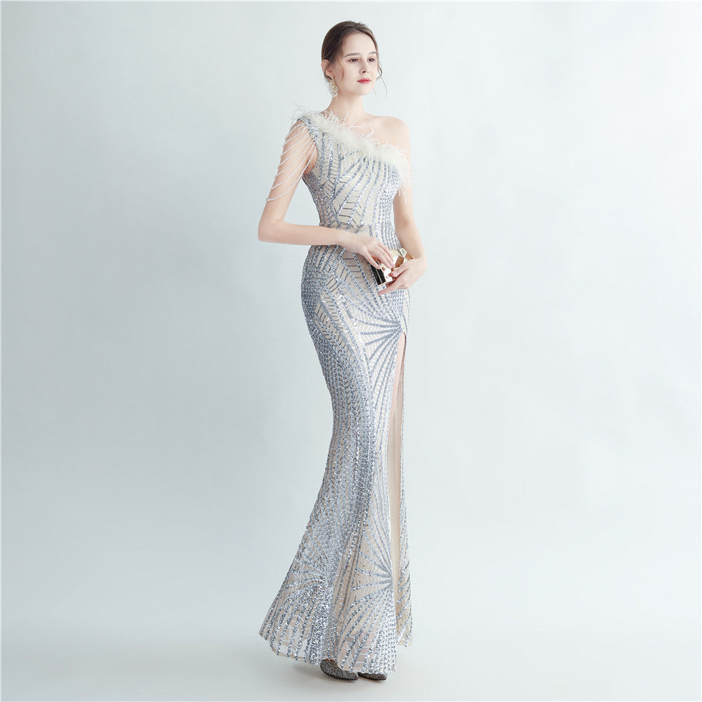 Fur Layered Beaded Formal Dress