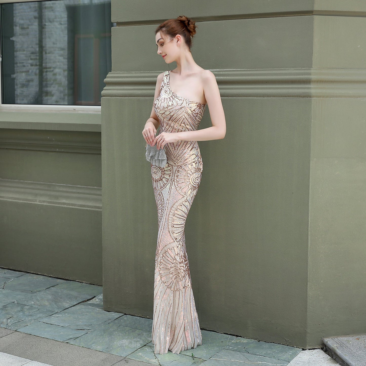 One Shoulder Sequin Fishtail Formal Dress