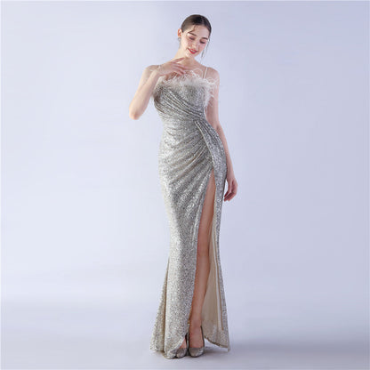 Ostrich Beaded Side Split Formal Dress