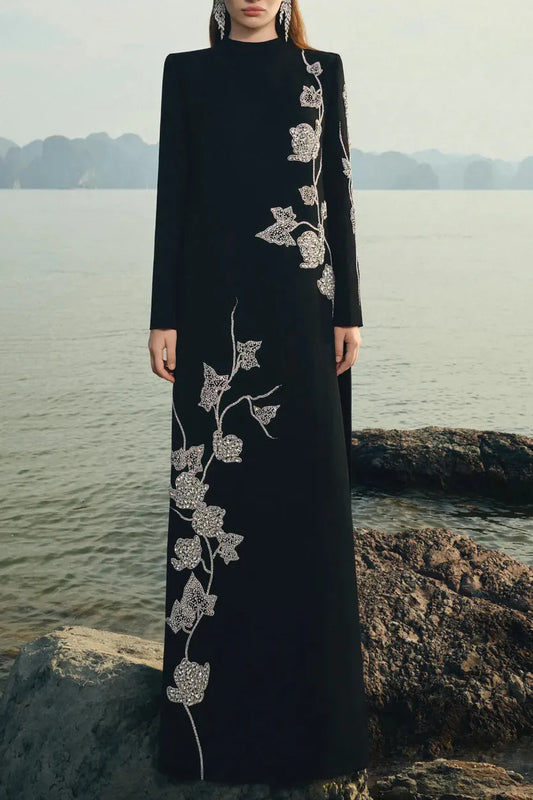 gloria High Neck Asymmetric Crystal Embellished maxi Dress in black