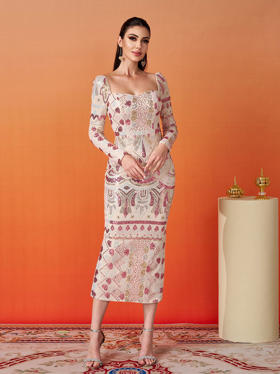 Square Neck Long Sleeve Split Sequin Dress