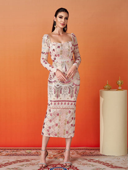 Square Neck Long Sleeve Split Sequin Dress