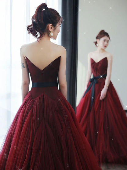 A line burgundy tulle dress