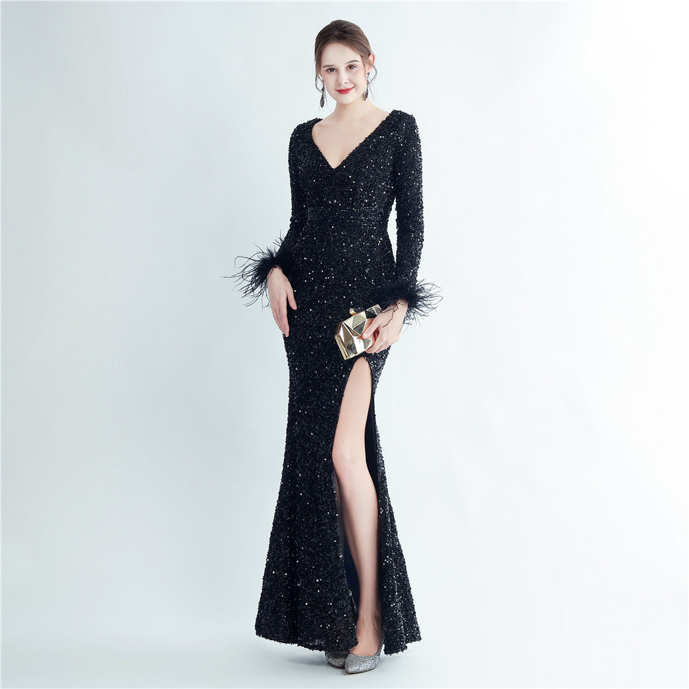 Split Long Sleeve Sequin Formal Dress