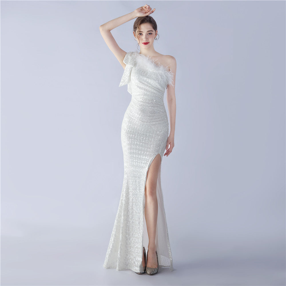 Fur Sequin One Shoulder Formal Dress