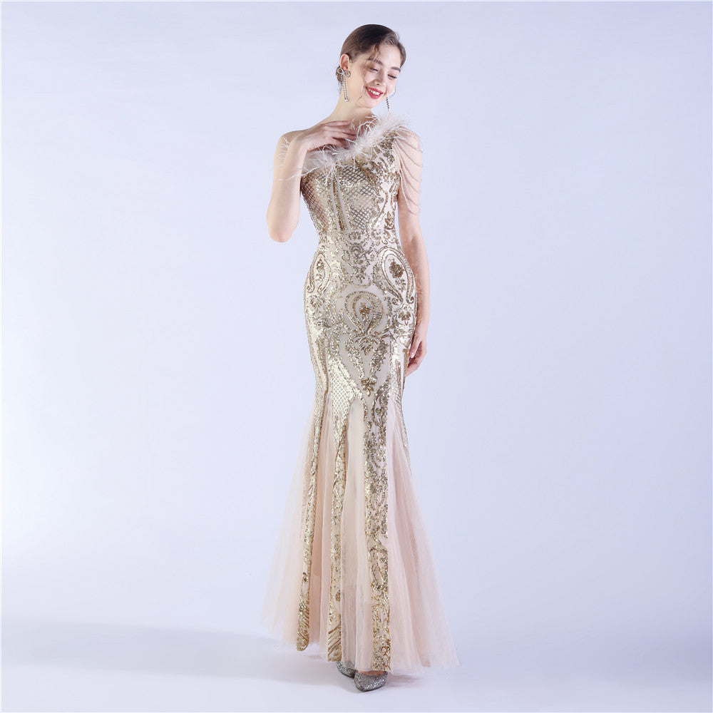 Beaded and Ostrich Fur Sequined Formal Dress