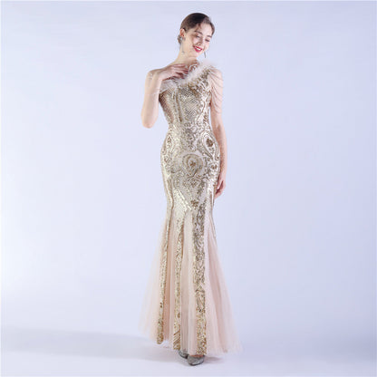 Beaded and Ostrich Fur Sequined Formal Dress