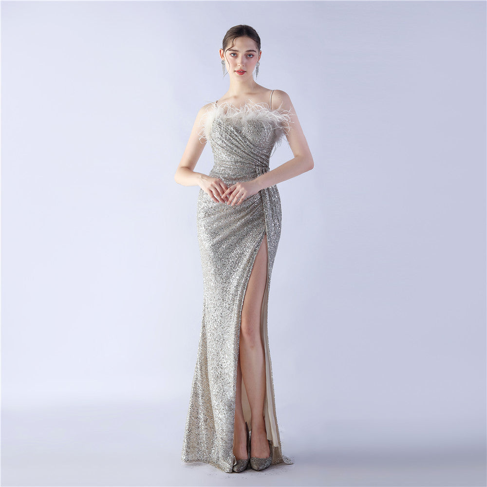 Ostrich Beaded Side Split Formal Dress